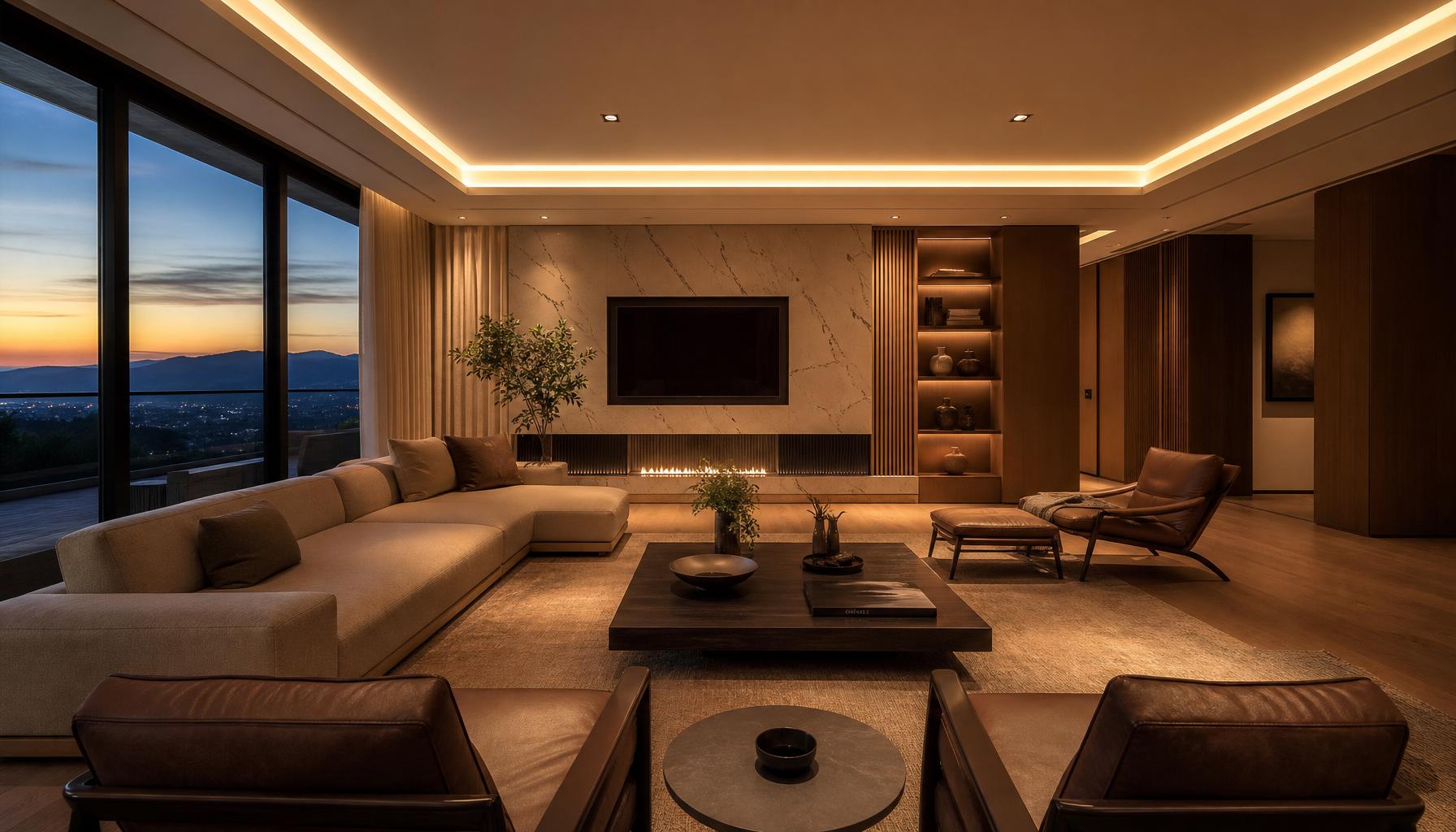 Ambiente sofisticado com perfil de LED Wood Lux iluminando arquitetura minimalista